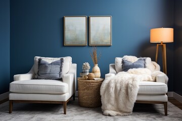 Comfortable seating arrangement with soft throws against a textured blue wall in a modern cozy setting.