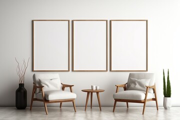 Contemporary aesthetics in a living space with an empty frame mockup, two wooden chairs, and a textured white wall.