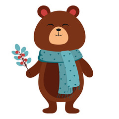 Cute funny bear in scarf. Forest cartoon animal. Vector illustration isolated on white background
