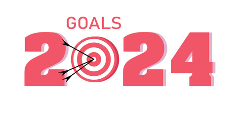 Long banner with figure 2024, word GOALS and dart board on pink background