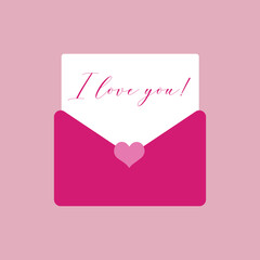 Envelope with letter on pink background. Valentine's Day celebration