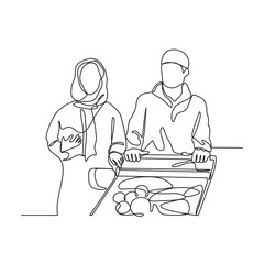 One continuous line drawing of shopping activities in supermarkets by selecting the items you need vector illustration. Supermarket illustration simple linear style vector concept. Market activity.
