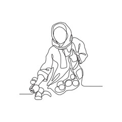 One continuous line drawing of a trader is selling his wares at a traditional market vector illustration. Traditional market illustration simple linear style vector concept. Market activity design.