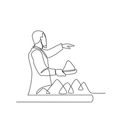 One continuous line drawing of a trader is selling his wares at a traditional market vector illustration. Traditional market illustration simple linear style vector concept. Market activity design.