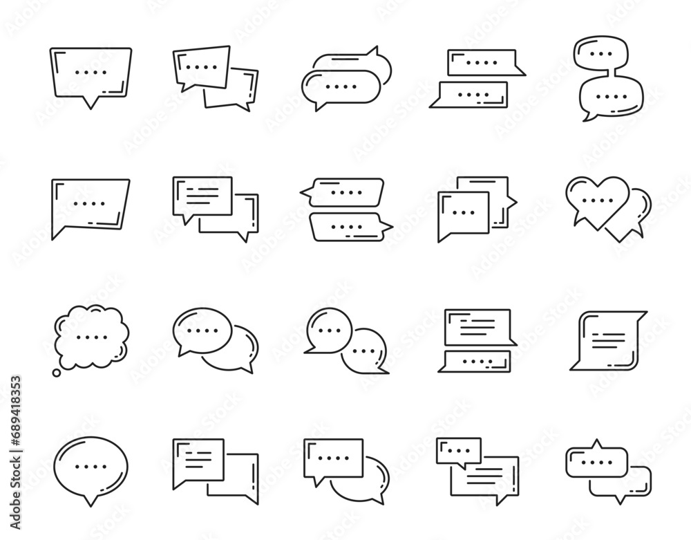 Poster Dialogue balloon, chat bubble line icons of speech talk box, vector message speak text. Chat bubbles outline icons for communication dialog or conversation, thin line speech clouds of conversation box
