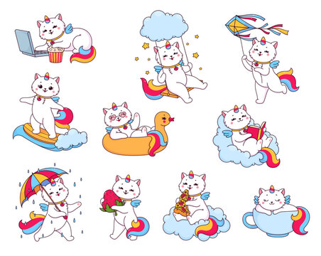 Cute cartoon caticorn characters, funny cat unicorn with rainbow, vector happy kitty. Caticorn kitten baby on magic cloud, with rainbow umbrella and dream sleeping in cup or with heart sunglasses