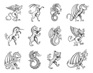 Medieval heraldic animals and monsters, vintage heraldry or tattoo sketch vector creatures. Fantastic mythic animals heraldic icons of eagle griffin, unicorn and dragon, rampant lion, bear and goat - obrazy, fototapety, plakaty