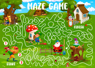 Kids labyrinth maze in cartoon gnomes fairytale village. Labyrinth quiz, find way vector worksheet kids maze or riddle with fairy gnome or dwarf cute personages and forest fantasy houses dwellings