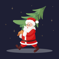 Santa Claus carries a Christmas tree. Hands holding a letter. For Christmas cards, banners, tags and labels. Holiday cartoon character