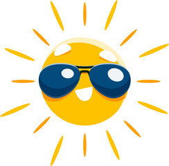 Cartoon cheerful sun character in sunglasses. Summer vacation and resort travel vector cheerful personage. Summer sunshine and hot weather isolated funny character, sun happy mascot in sunglasses