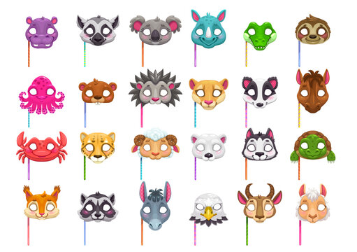 Cartoon animal carnival party masks. Festival holiday or birthday celebration costume. Isolated vector set hippo, zebra, koala and rhino. Crocodile, sloth, octopus and beaver, hedgehog or badger
