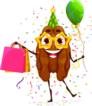 Cartoon pekan nut character on holiday and birthday. Isolated vector joyful grain celebrates party with excitement, holding balloons and gifts, with confetti around, spreading cheer and happiness