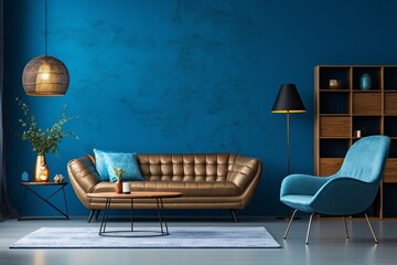 Elegantly furnished living space accentuated by a captivating blue wall texture. - obrazy, fototapety, plakaty