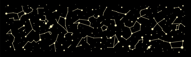 Space star constellation border. Galaxy night sky map, mystic astrology backdrop. Galaxy star constellation wallpaper, astronomy planetarium celestial panorama, pattern or esoteric zodiac vector print - obrazy, fototapety, plakaty