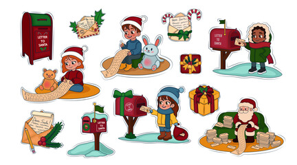 Set of stickers with little children, letters to Santa Claus and gifts on white background