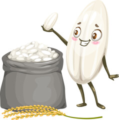 Rice cartoon grain character. Isolated vector adorable funny cereal food personage holding seed with smile and burlap sack with crop in hand, ready to be cooked and enjoyed. Farm plant with cute face