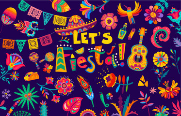 Mexican fiesta party flyer or banner with tropical flowers, animals and national cuisine food pattern. Mexico holiday vector background of guitar, sombrero and maracas, tequila, burrito, nachos, chili