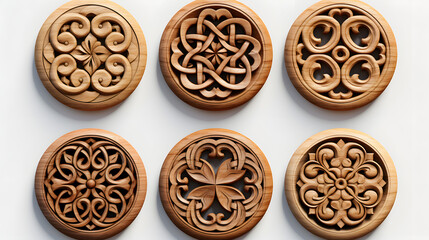 Set of Round Celtic wooden mandala. Ornament Wood carving. - obrazy, fototapety, plakaty