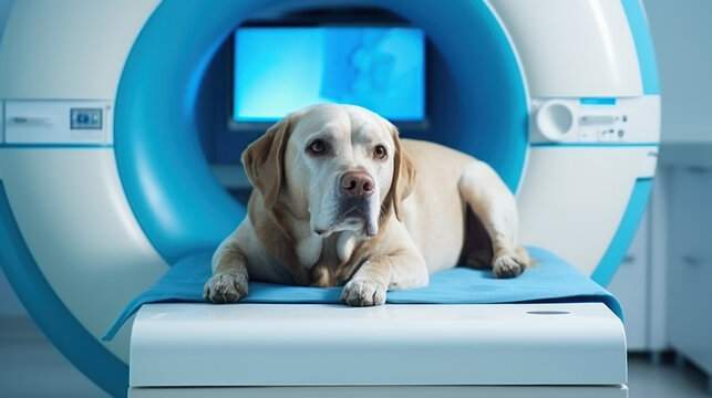 Veterinary and animal care. Doctor preparing dog to have lumbar spine MRI.