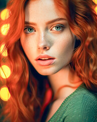 Fototapeta premium Serious expression on green-eyed redhead, cinematic glow, casual beauty.