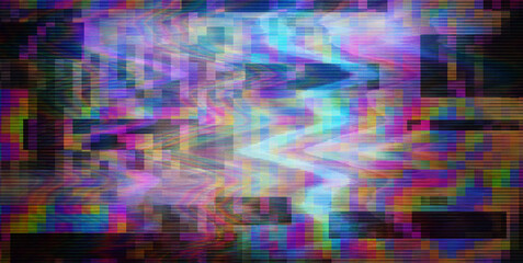 Obraz premium Glitched flickering background, exhibiting distortion, noise, and scanlines reminiscent of an aging VHS tape displayed on a screen.