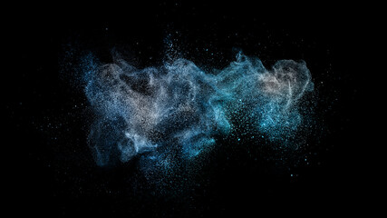 Blue colored cloud stardust glitter in air on black background for overlay blending mode. Stopping...