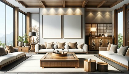 Japanese home interior design - square coffee table, white sofa, rustic cabinets, white wall with blank poster frames in modern living room, copy space