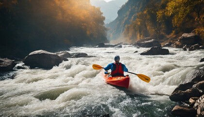 Adventurous kayaking in mountain river rapids - whitewater challenge, thrilling water sport - obrazy, fototapety, plakaty