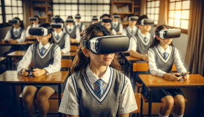 Elementary school kids using VR glasses in class - immersive technology education