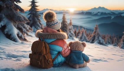Winter holidays and fun - child sits with toy teddy bear, gazing at snowy mountains, back view