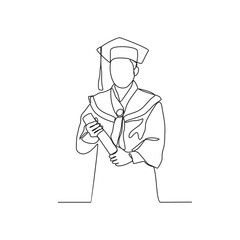 One continuous line drawing of Graduation activities are carried out by students wearing a toga as symbol of graduation vector illustration. Graduation illustration simple linear style design concept