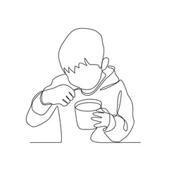 One continuous line drawing of a child is brushing his teeth in the sink vector illustration. Children activity illustration simple linear style vector concept. Education design for your business 