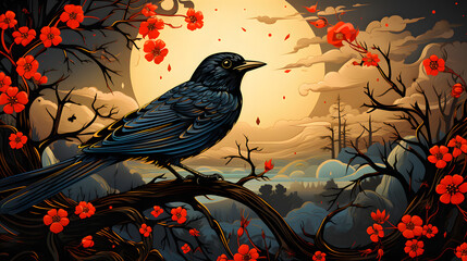 Art life of bird in nature, block print style dark fantasy style - obrazy, fototapety, plakaty