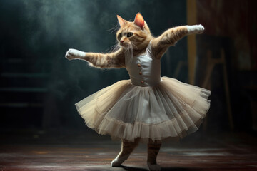 Graceful cat in a ballet pose, text space, artistic