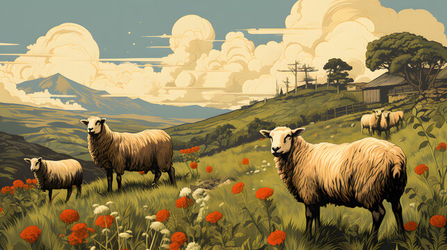 Art life of sheep in nature, block print style poster paintings
