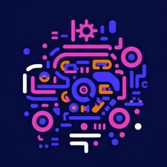 An illustration of circuits and gears in a fun, vibrant line art style. Generative AI. 