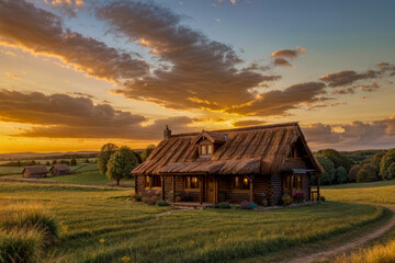 A charming wooden cabin in a rural landscape bathed in the warm glow of sunset