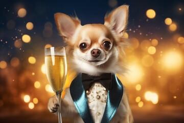 A cute Chihuahua in a bow tie holding a glass of champagne in celebration of New Year