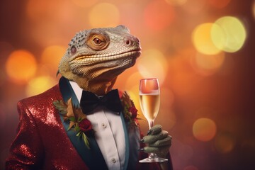An iguana in a sparkling red tuxedo holds a champagne glass, celebrating New Year with style