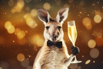 A kangaroo in a bowtie cheerfully holding a glass of champagne toasting to happy New Year
