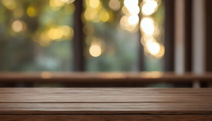 wooden table baclony with bokeh golden light in the backyard