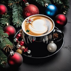 Coffee cup with Christmas ornaments and decoration on Black Ceramic background