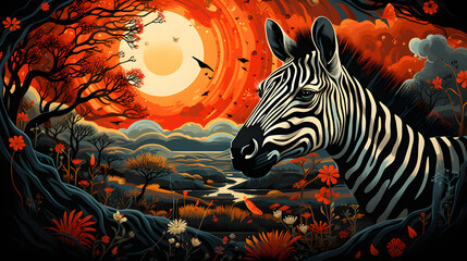Art life of close up zebra in nature, block print oranges and red style