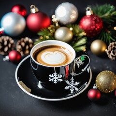 Coffee cup with Christmas ornaments and decoration on Black Ceramic background