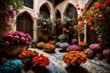 A peaceful courtyard with colorful flower arrangements, embracing the joyful spirit of Ramadan Mubarak. - obrazy, fototapety, plakaty