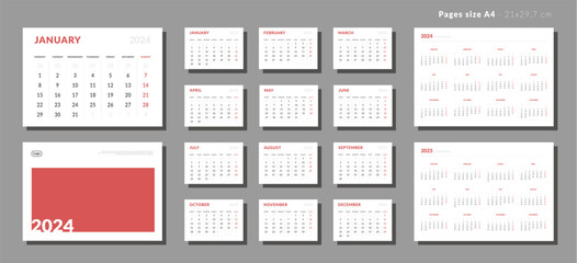 Set of Monthly page Calendar Planner Template 2024, cover with Place for Photo and Company Logo and annual calendar of 2025. Isolated Vector layout of a wall or desk calendar with week start Monday