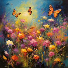 Fototapeta na wymiar A swarm of colorful butterflies in a meadow, with flowers in bloom. The style is impressionistic, reminiscent of Claude Monet. The lighting is bright and natural,generative ai.