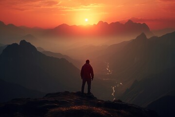 Person standing on a mountain at sunset, with a vast valley below and a sun-kissed sky above.