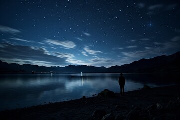 Person silhouetted against a star-filled sky and tranquil lake, a scene of night-time serenity and cosmic wonder.