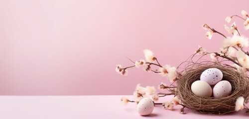 the delicate and festive Easter composition featuring a multicolored egg frame, nest, birdhouse, and willow twigs on a pink background.